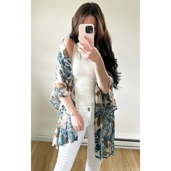 Anthropologie E by Eloise Blue Cream Floral Ruffle Trim Sheer Kimono Robe XS S - Picture 4 of 13